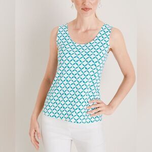 CHICO'S Ikat Print Microfiber Tank Women's XL Teal Scoopneck Sleeveless Top Boho